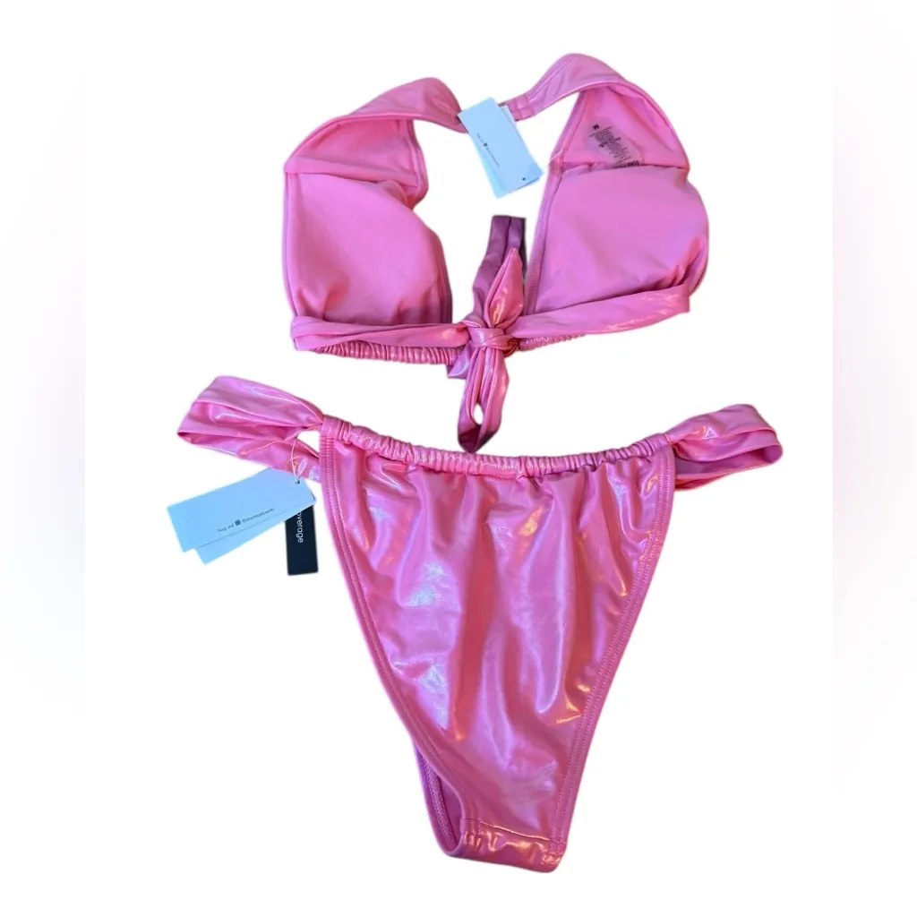 Nwt Damsel Hot Pink Chrome High Waisted Bikini Set Size M - Image 3