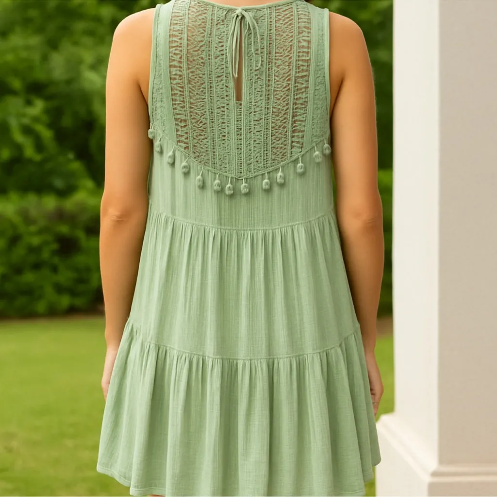 Vestique Green‎ Crochet Boho Mini Dress Tassel Sleeveless Cotton Blend Size M - Image 2