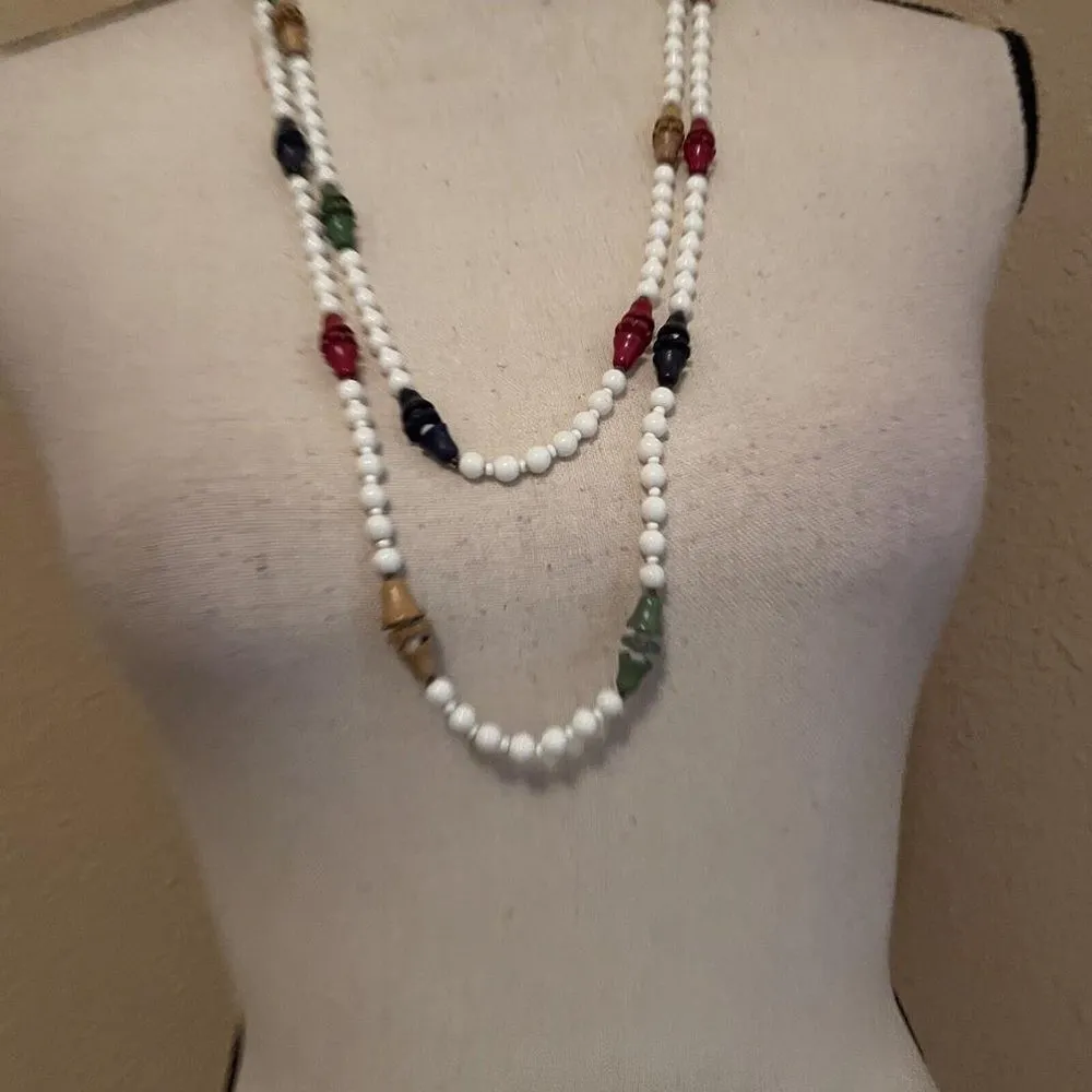 Long 61 Inch White Beaded Necklace With Colored Bead Plastic / Wood - Image 5