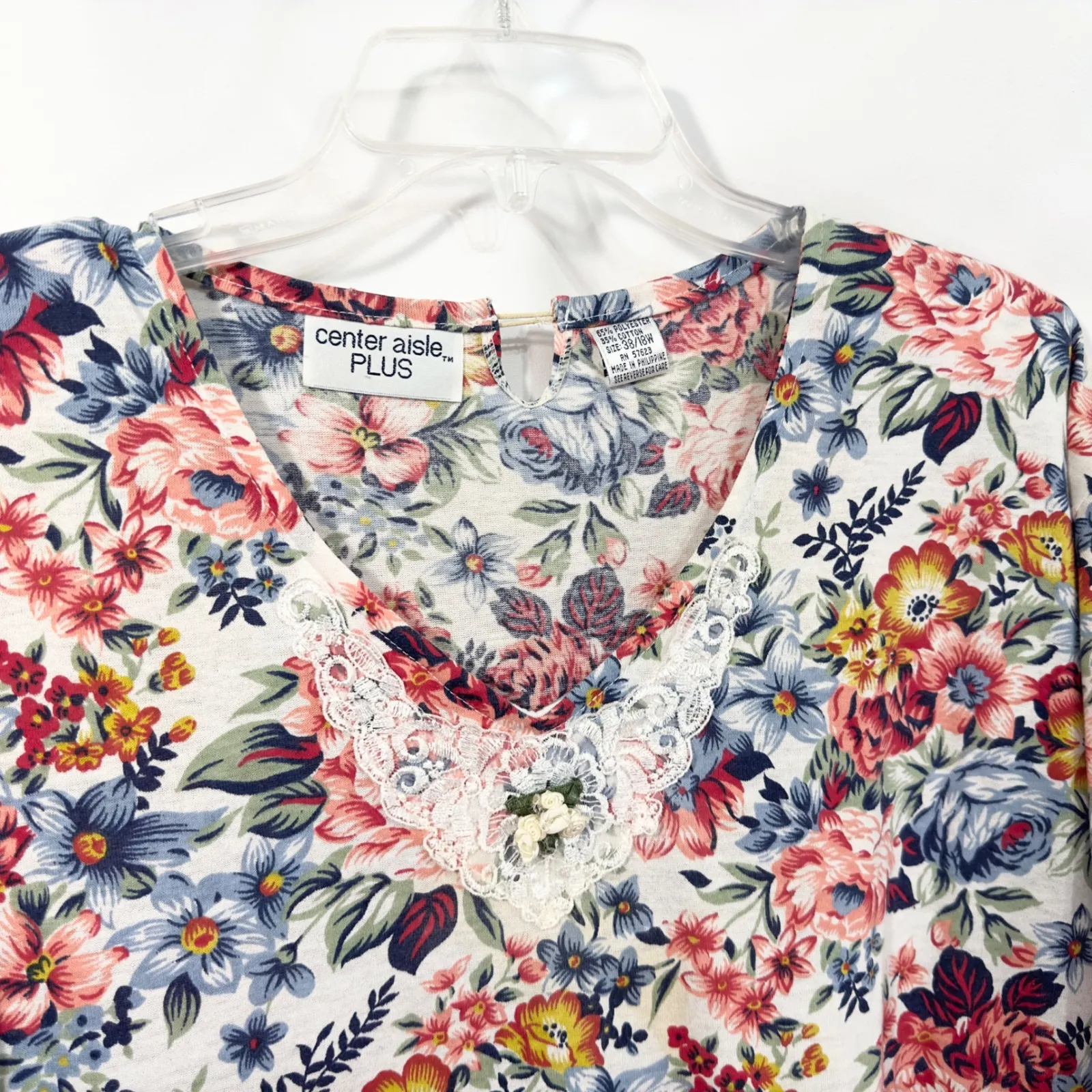 VTG Floral Dress Lace V Neck Cottagecore Babydoll Midi‎ Shift Short Sleeve 1150 White Size 24W - Image 10