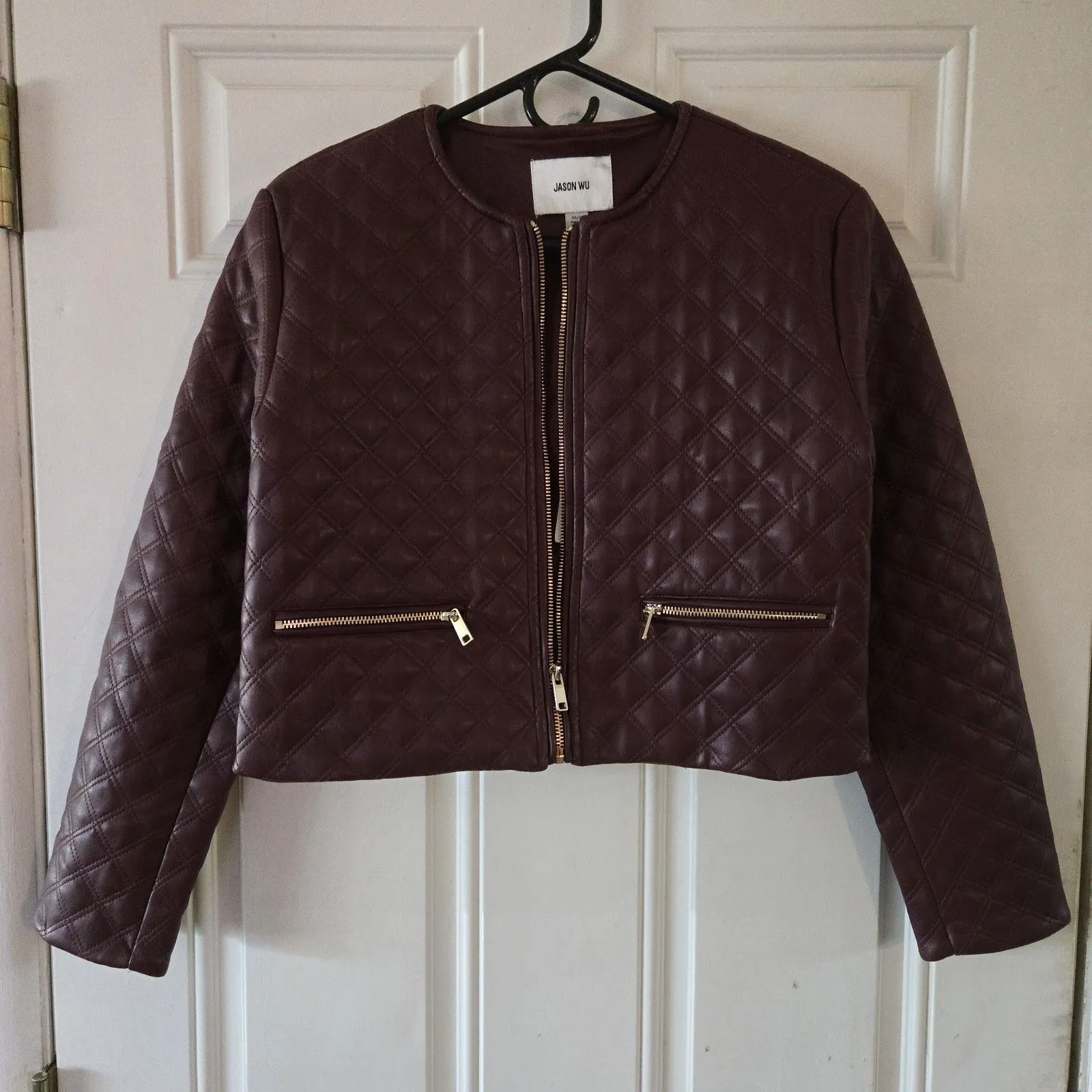 Jason Wu Quilted Faux Leather Cropped Jacket Burgundy Women Size XS NWT MSRP $98 - Image 7