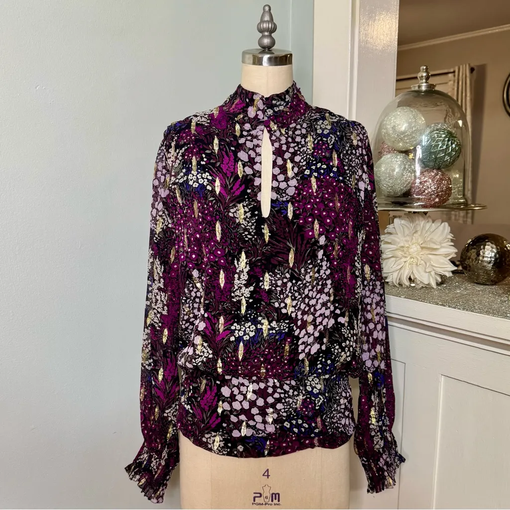 White House Black Market Long Sleeve Floral Metallic Blouson Blouse Purple 10 - Image 3