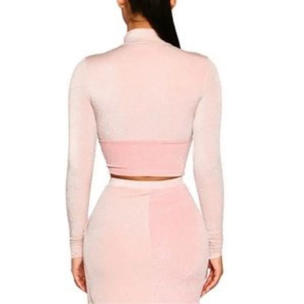 NAKED WARDROBE On The Glow Long Sleeve Mock Neck Crop Top Pink Shimmer M NWT - Image 6