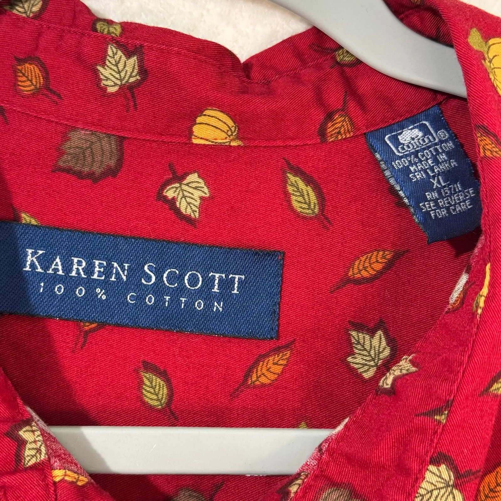 Karen Scott Fall Leaf & Harvest Pumpkin Print Red Button-Up Cotton Shirt X-Large - Image 6