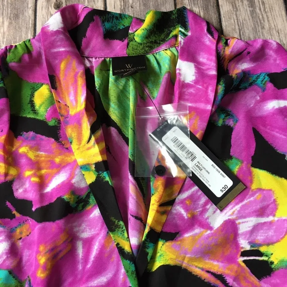 New Worthington‎ Floral Top Women L 12 14 Sleeveless Button Up Bold Print Office - Image 2