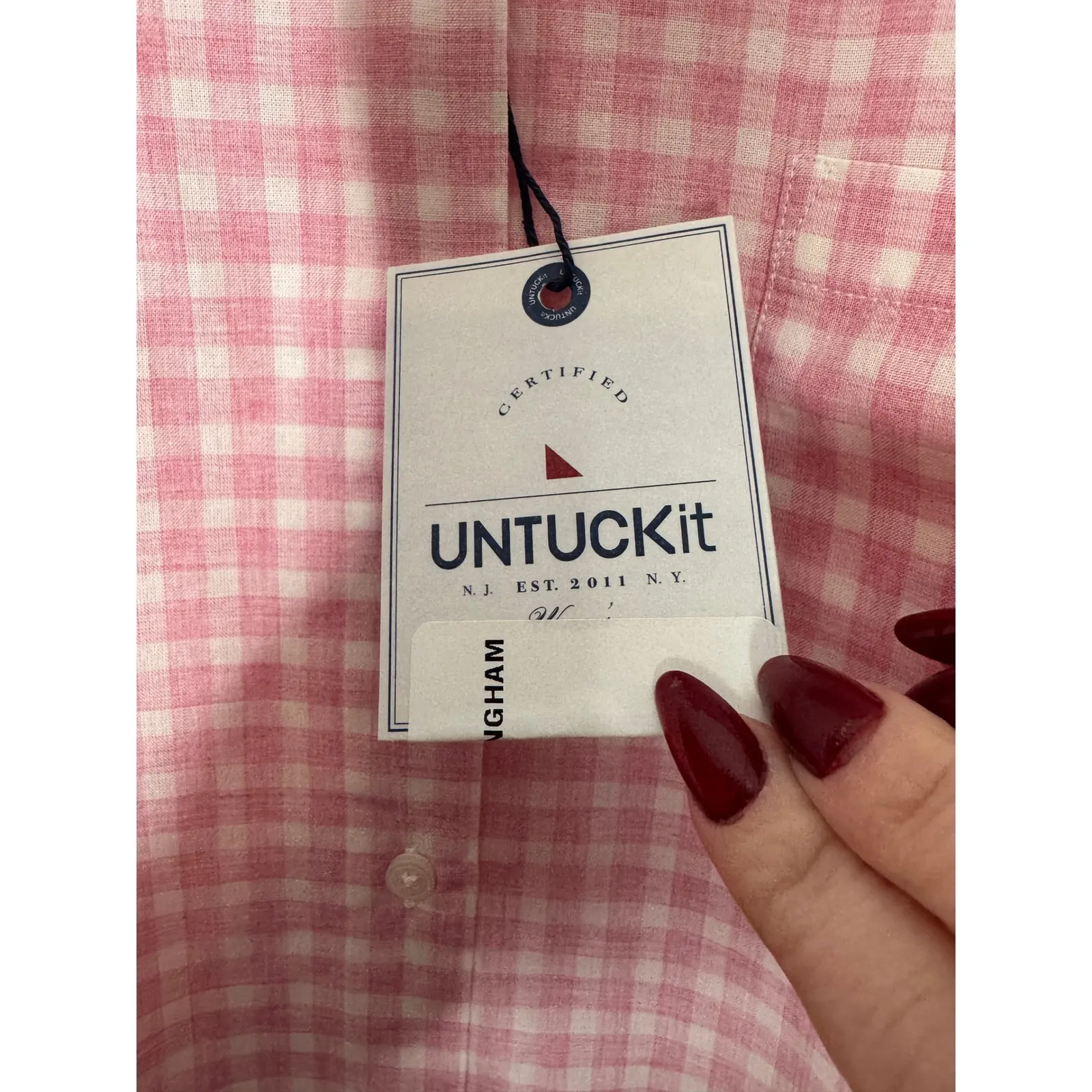 UNTUCKIT NWT Womans Calina Pink/White Gingham Cotton Button Down Size 12 Pink - Image 7