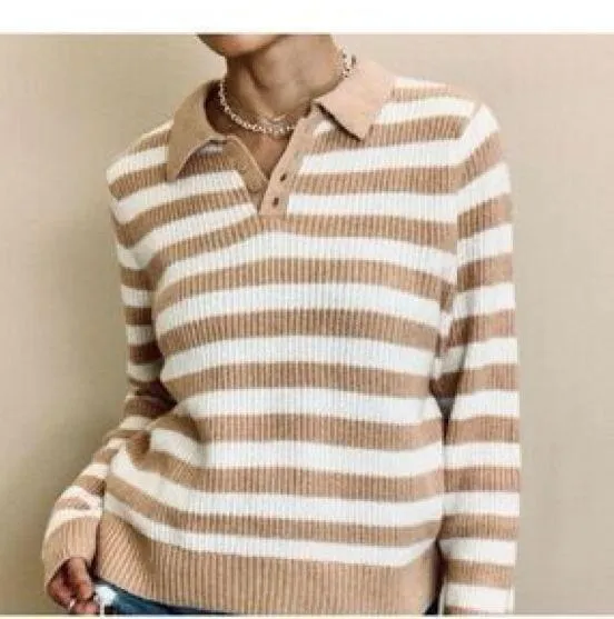 American Eagle Beige and White Striped Knit Sweater - Image 2