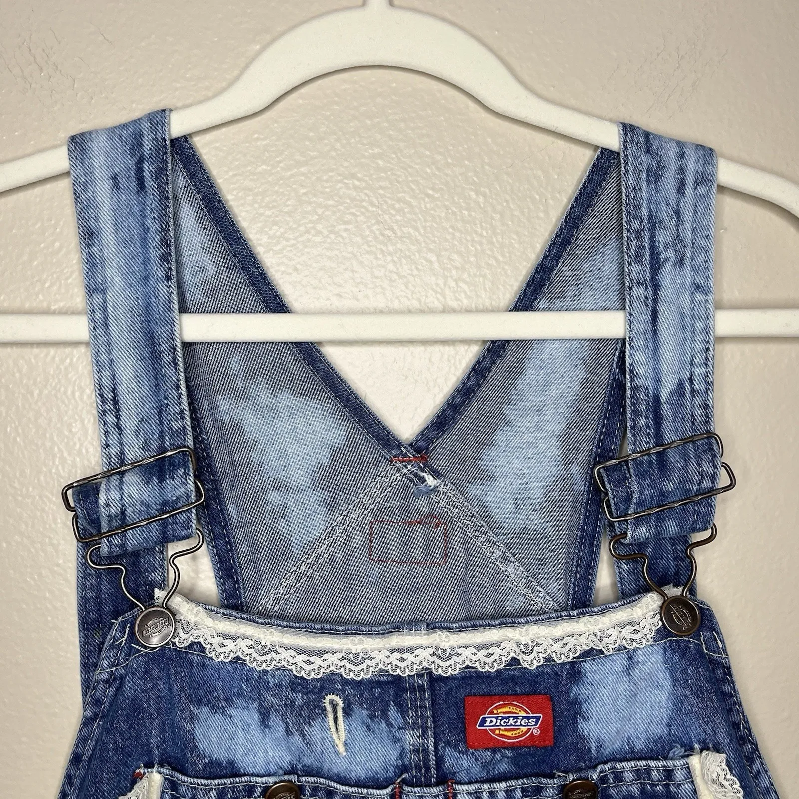 Dickies Denim Overalls Shorts Lace Bleach Patchwork Crochet Art To wear Teacher - Image 4