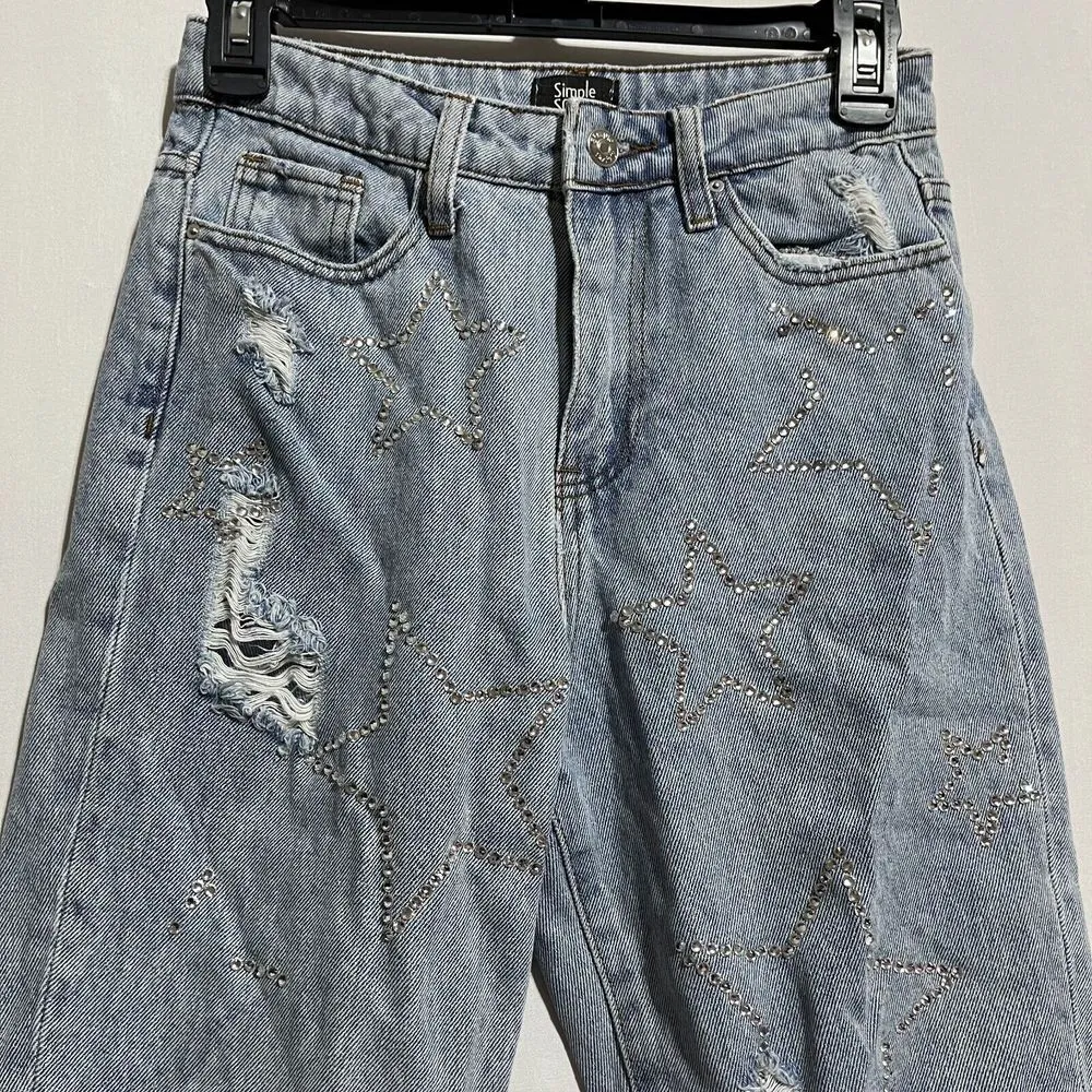 Simple Society Jeans Womens 1/25 Blue Denim Rayon Distressed Frayed Hem Straight - Image 3