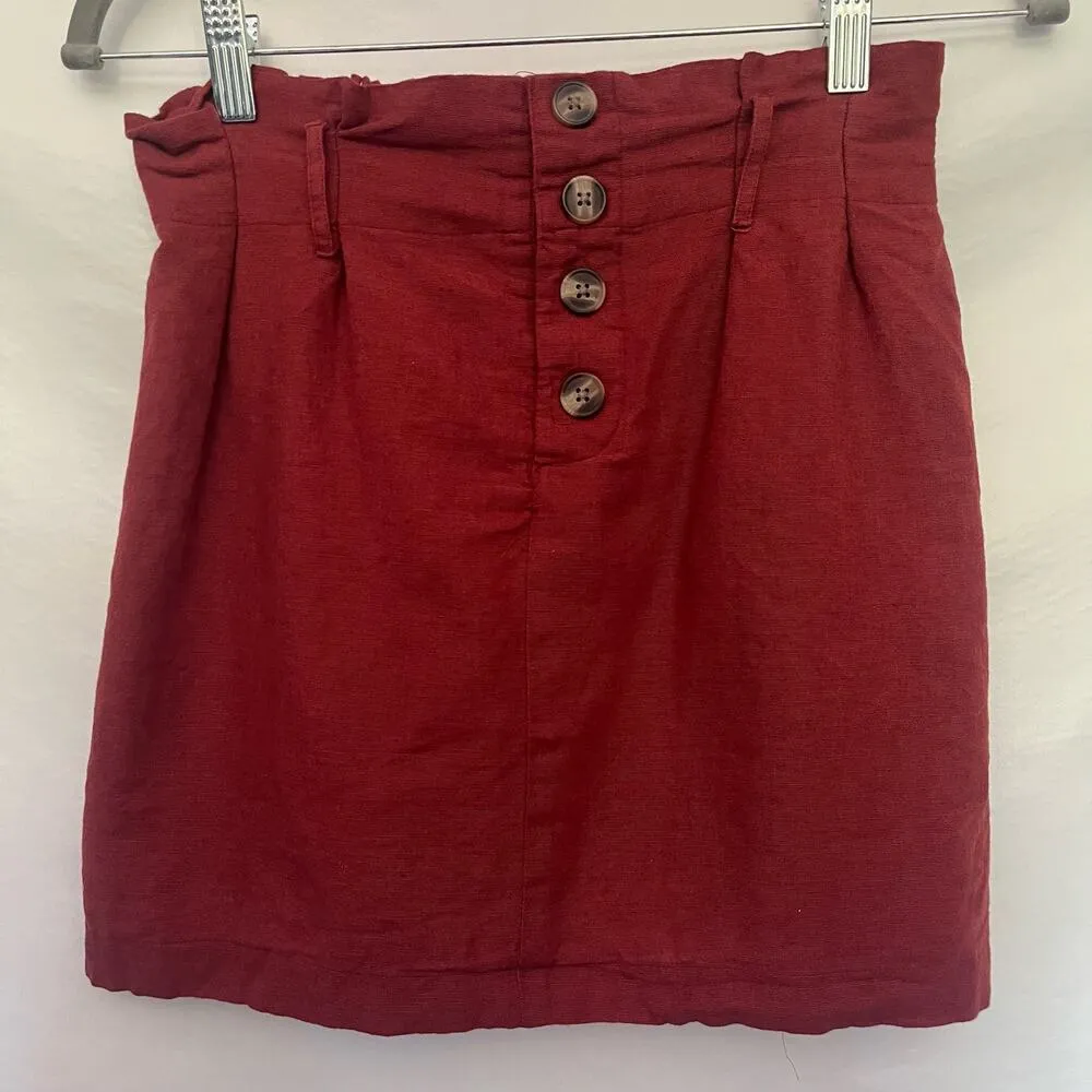 AMERICAN EAGLE Paper Bag Linen Blend Skirt Size XS Rust Red Pull On Button - Image 10