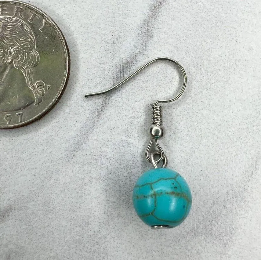 Silver Tone Faux Turquoise Beaded Dangle Drop Earrings Pierced Pair - Image 6