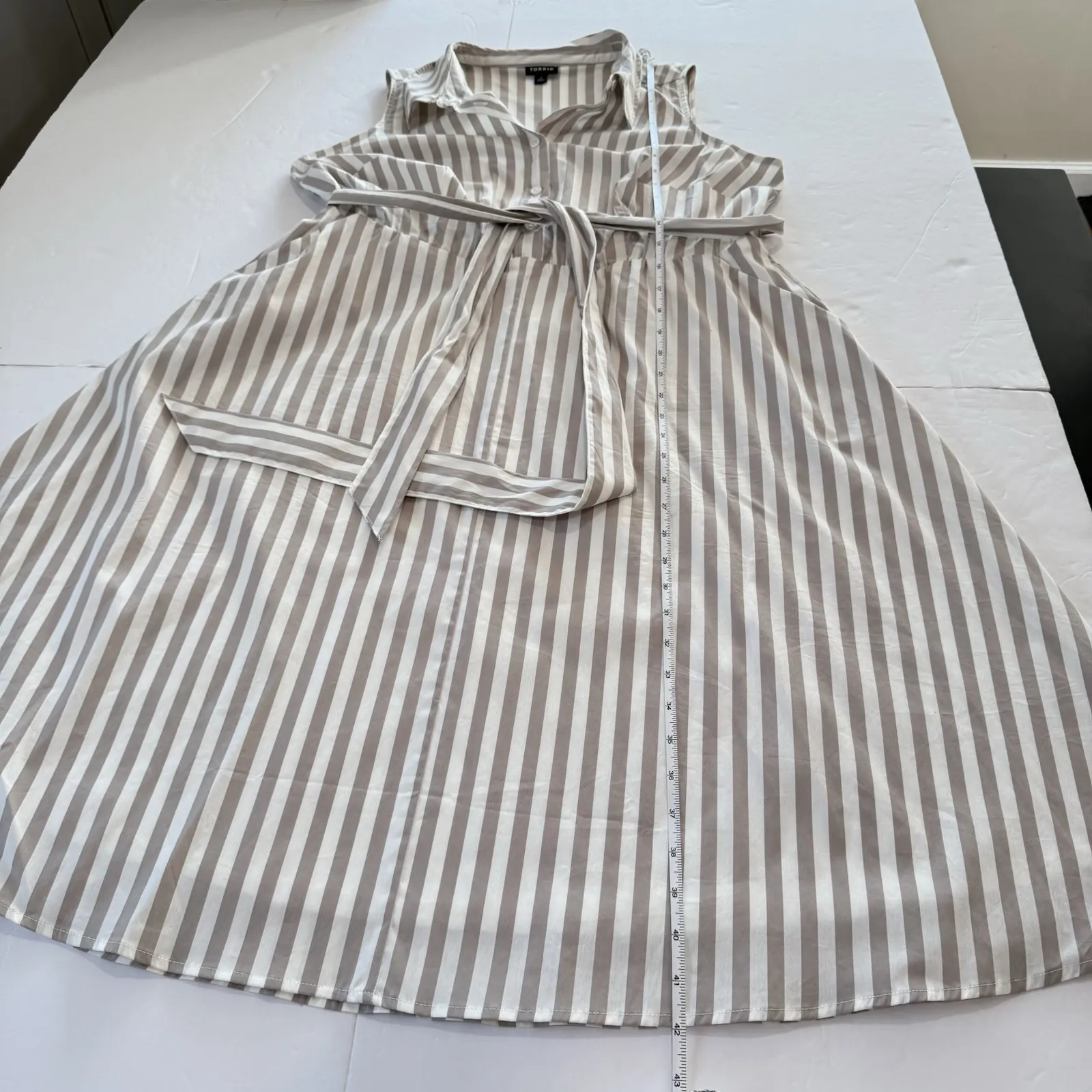 Torrid Taupe White Stripe Poplin Sleeveless Button Shirt Dress‎ Size 1X Pockets - Image 12