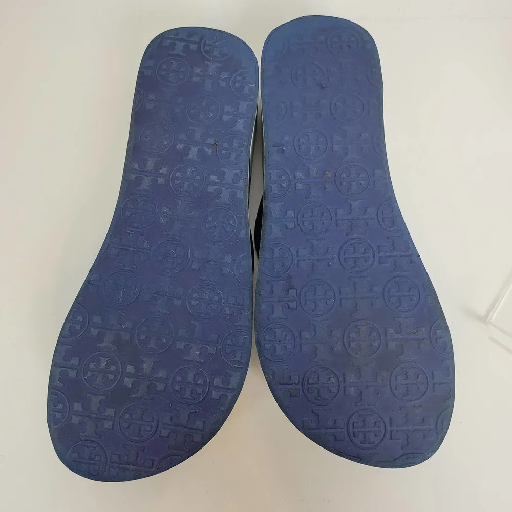 Tory Burch Womens Sandals Size 6.5 White and Blue Stripe Slip On Heels - Image 6