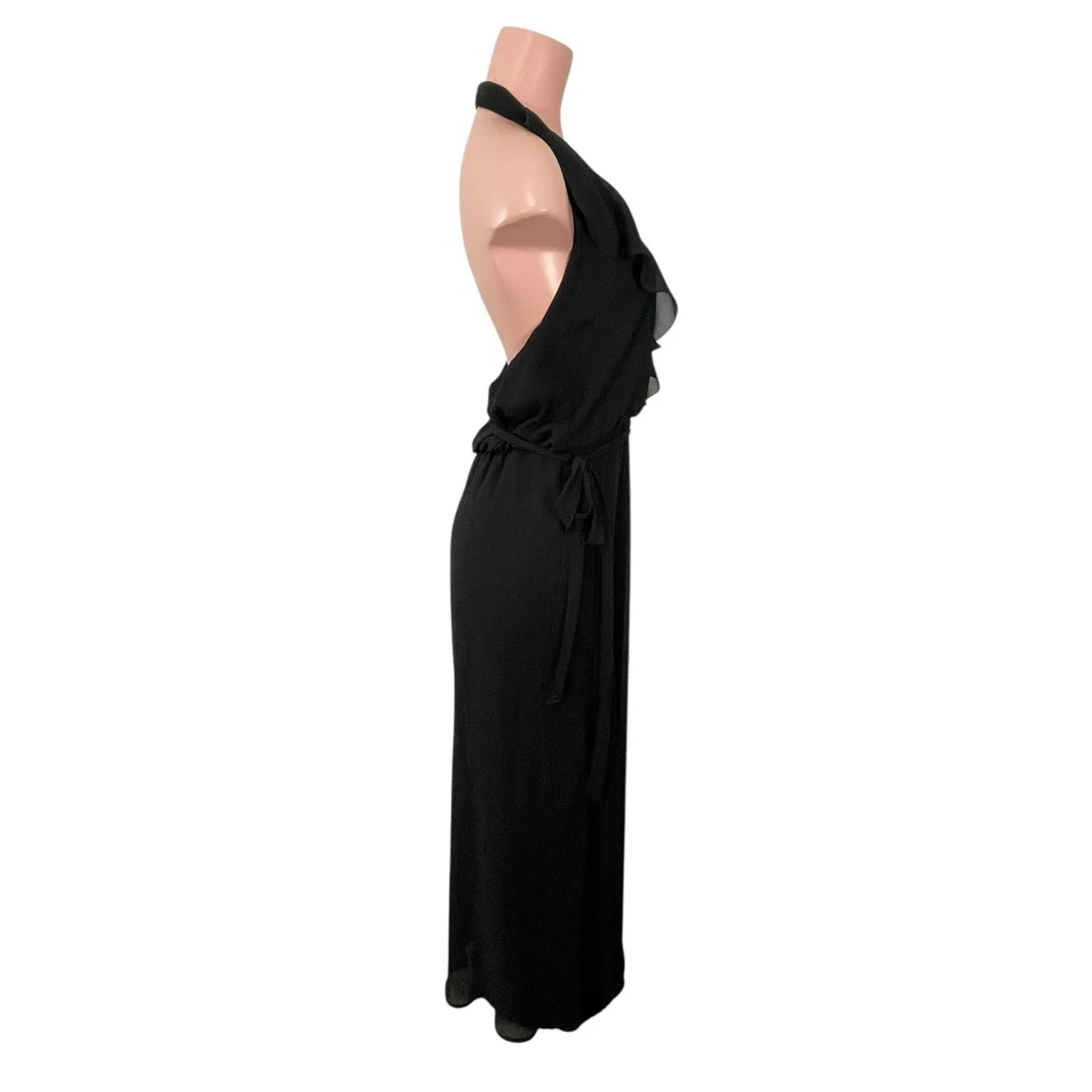 Nouvelle Amsale Black Halter Neck‎ Erica Ruffle Maxi Dress Size MEDIUM Chiffon - Image 4