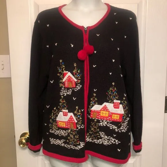 Christmas Cabins at Night Size XL Tacky Ugly Holiday Zip Cardigan Sweater Pom - Image 1