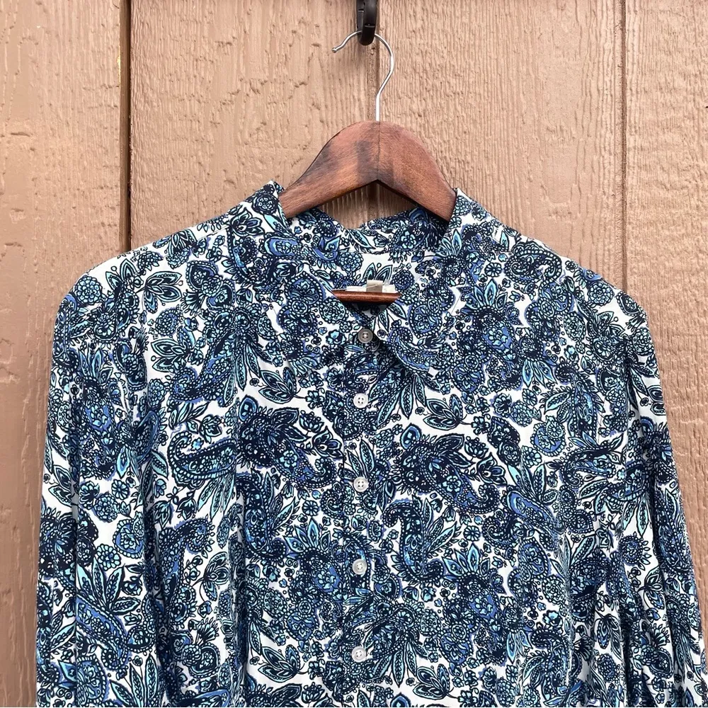 Talbots Womens Shirt Blouse Blue White Floral Mixed Media Button Up Plus 2X - Image 4