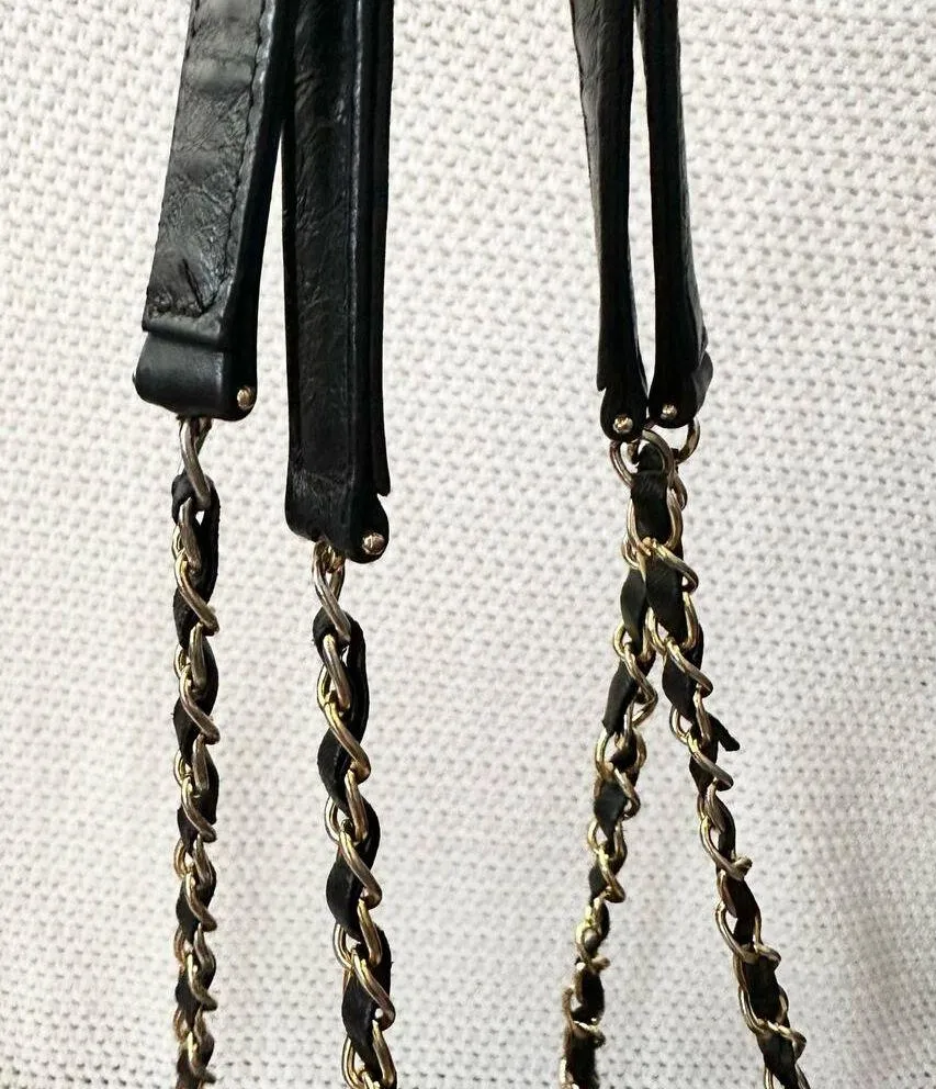 Bally Vintage Black Leather Quilted Gold Chain Dual Pocket Shoulder Bag Tote - Image 9