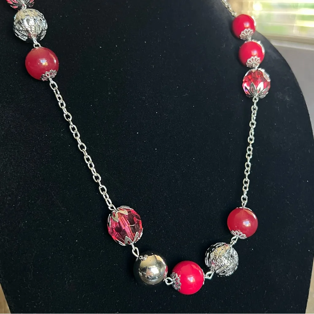 NEW Matching Necklace and earrings set Custom Jewelry retro beaded chain Red - Image 2