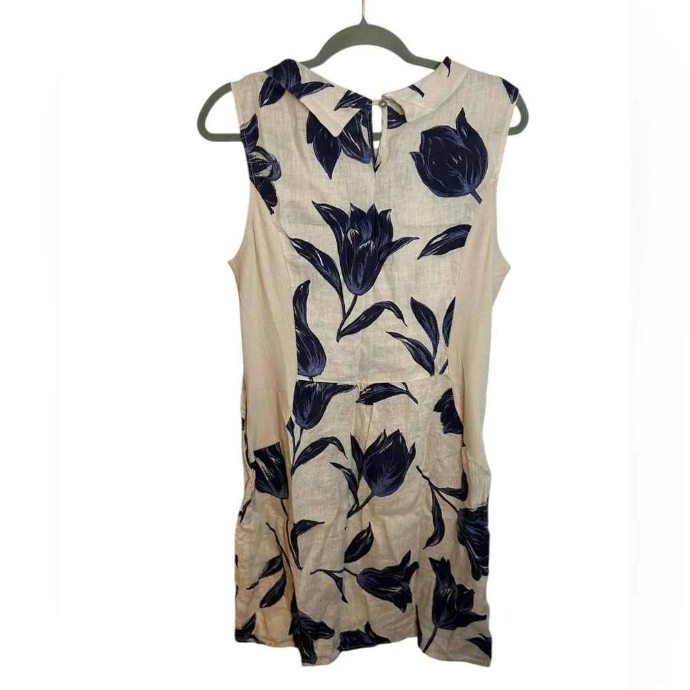 Lina Tomei Cream and Navy Blue Floral Linen Summer Dress Size L - Image 2