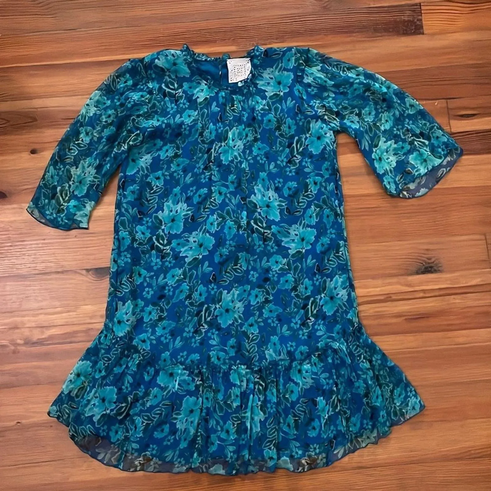 Johnny Was Jade Raquel Silk Mini Dress Womens Size Large Blue and Green Floral - Image 4