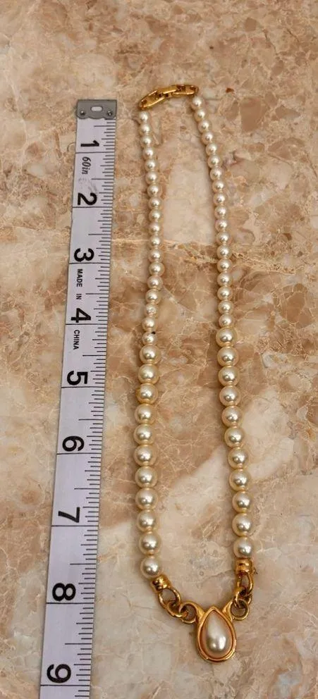 Napier Vintage Faux Pearl Bead Necklace Teardrop Pendant White - Image 3