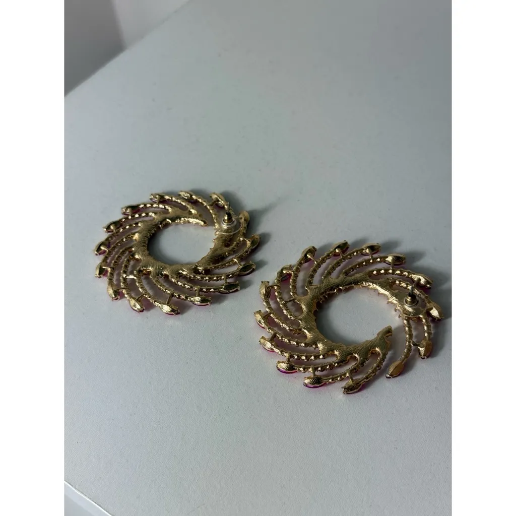 Magenta Pink Swirl Rhinestone Round Statement Earrings Costume Jewelry - Image 5