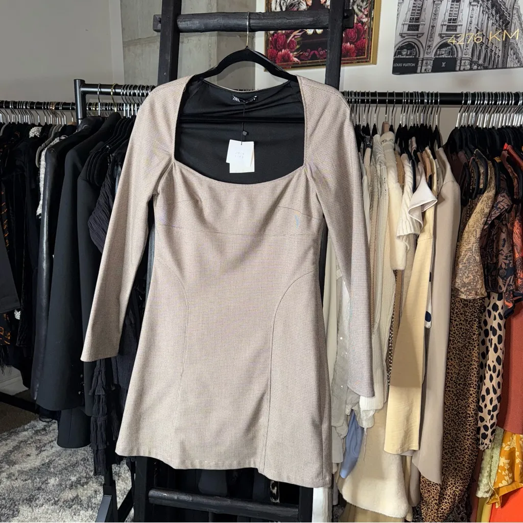 Zara Houndstooth Long Sleeve Square Neck Mini Dress - Image 3