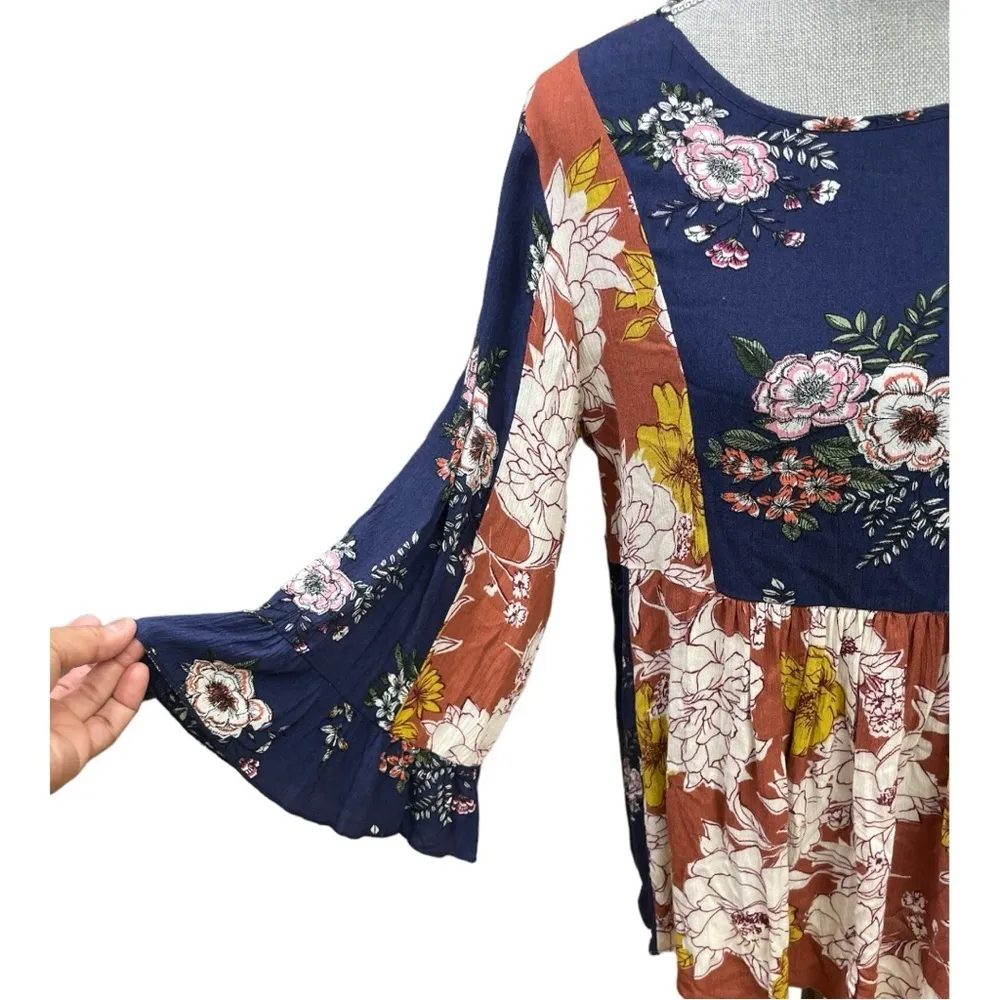 Ces Famme Mixed Floral Print Babydoll Top Size S Yellow - Image 8