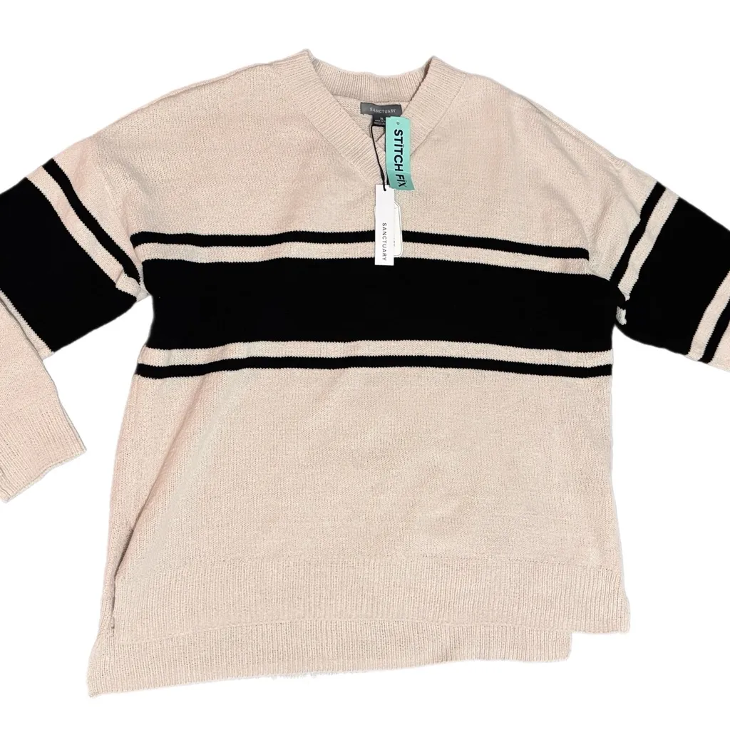 Sanctuary Stitch Fix Oversized Sweater Beige Black Stripe V Neck Women’s Sz XL - Image 6