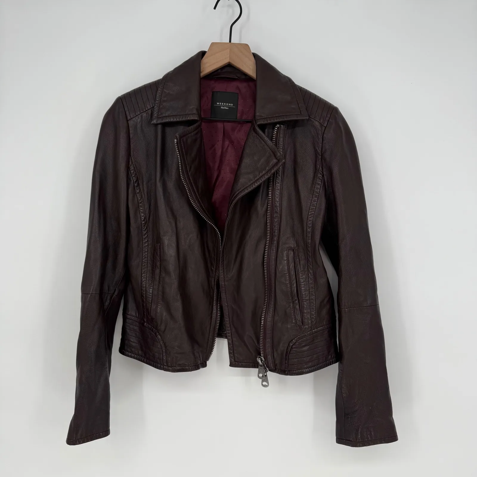 Weekend Max Mara Womens Leather Moto Jacket Burgundy Asymmetrical Zip Moto Style Brown Size 6 - Image 4