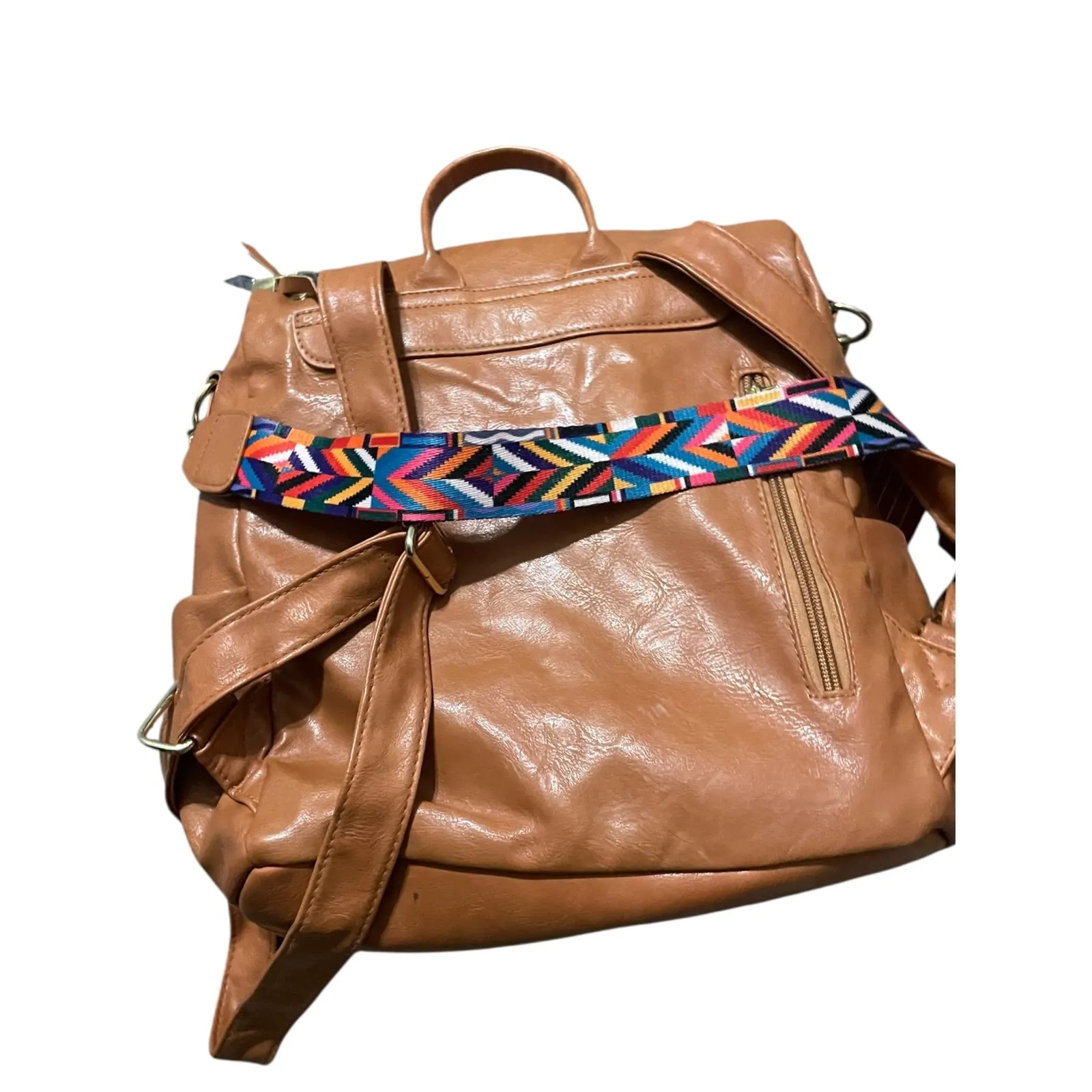 Convertible Backpack Shoulder Bag Brown Faux Leather Colorful Strap Travel - Image 5