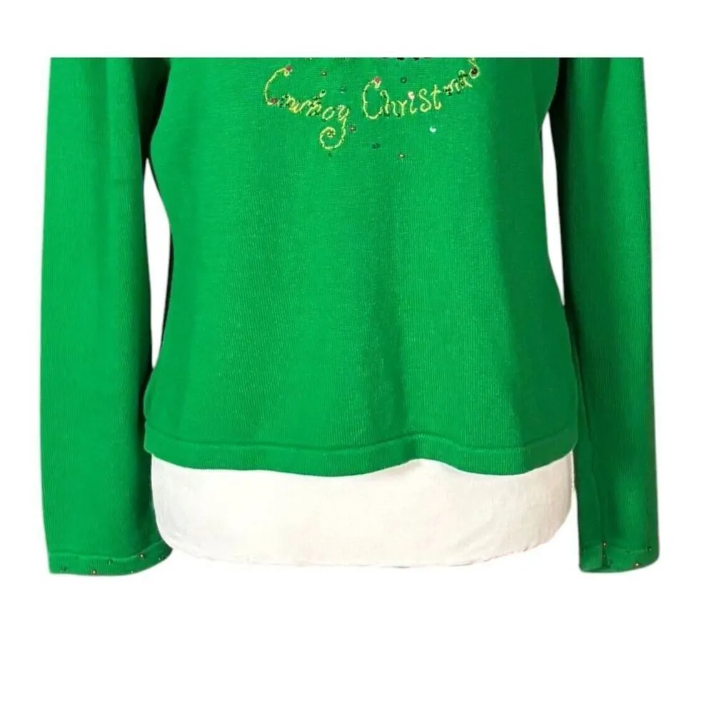 Vintage Berek Christmas Sweater Size Large Green Santa Cowboy Cactus Beaded - Image 4