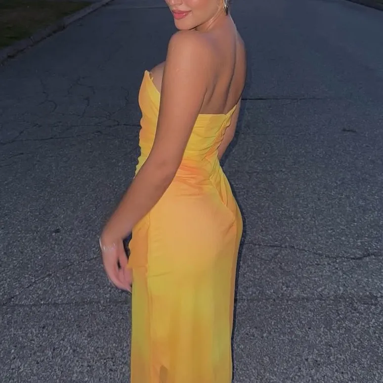 Zara NWT yellow orange tie dye printed tulle midi draped ruched sweetheart dress - Image 12