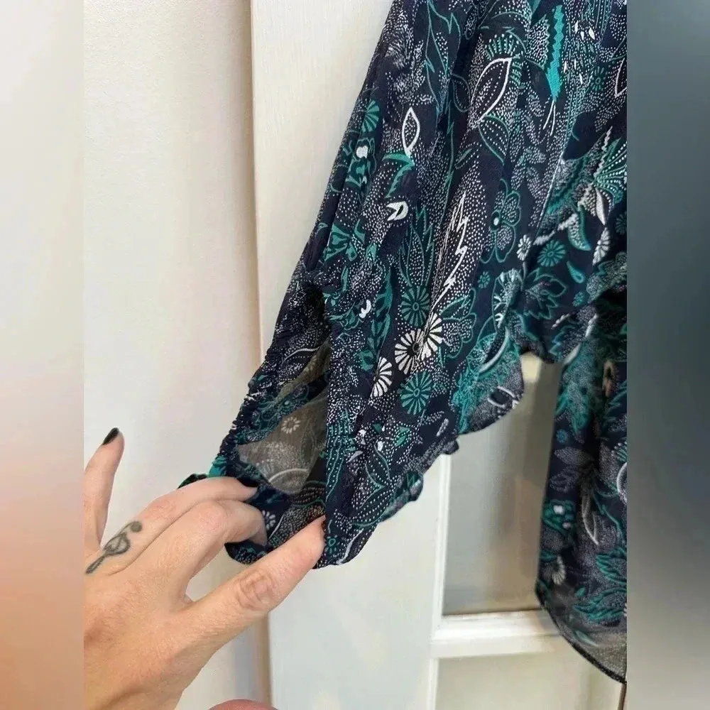 Anthropologie | Blue Green Teal Sheer Bohemian Long Sleeve Ruffle Blouse Size M - Image 9