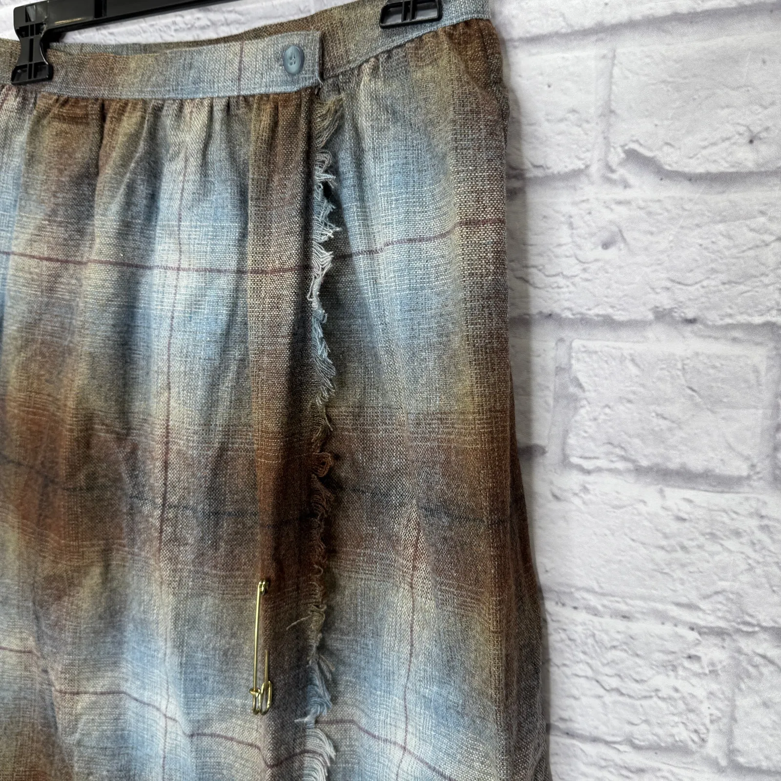 Vintage Personal Wool Wrap Midi Skirt Size S Blue Brown Plaid 70s Fringe New - Image 3