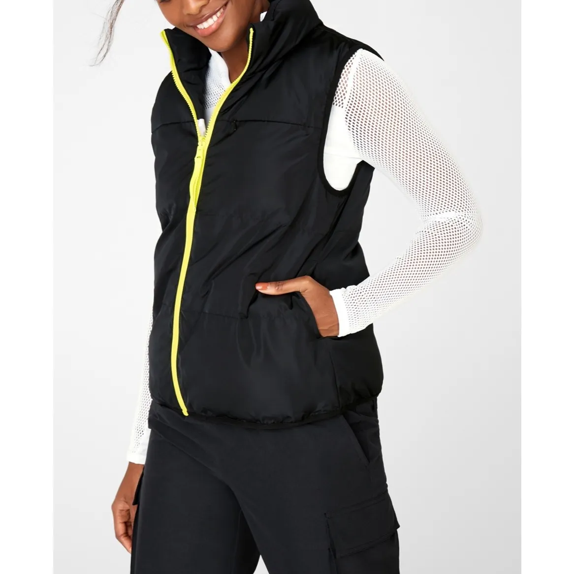 Fabletics Kristen Reversible Puffer Vest Black White Neon Yellow Zip Womens XL - Image 3