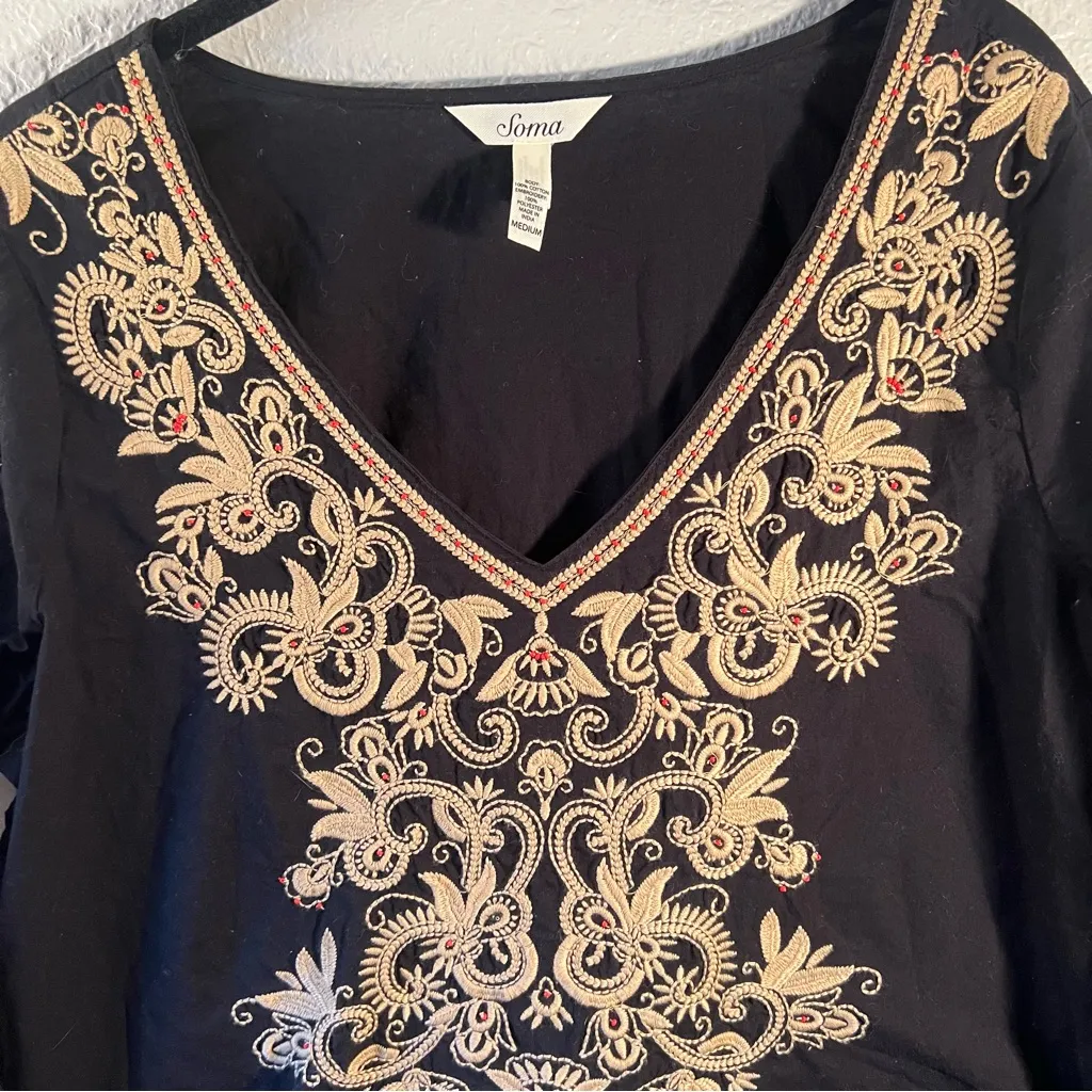 Soma‎ Black Ornate Embroidered Tunic Top Bohemian Mini Dress Size M Boho - Image 3