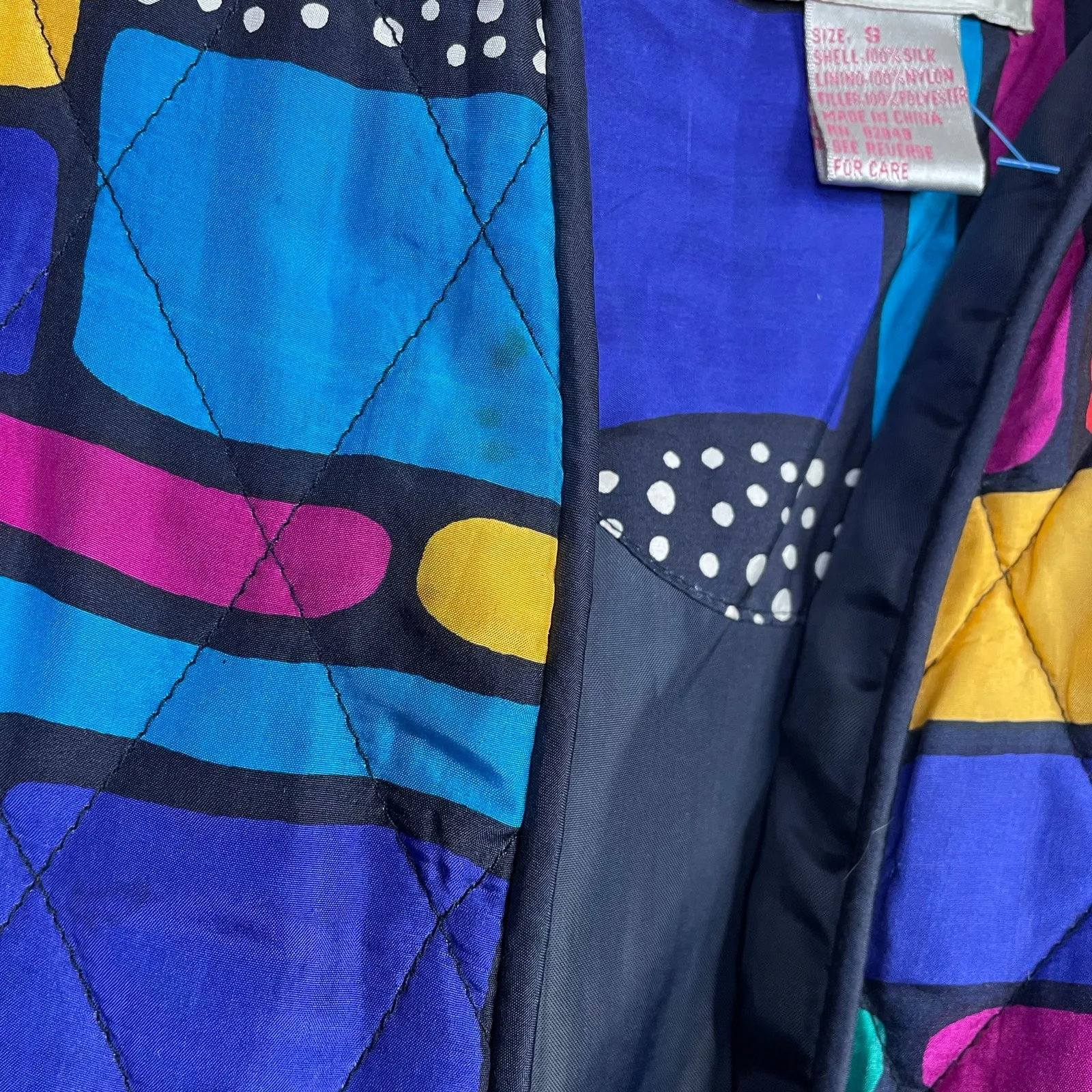 Vintage Rhoda Lynne Quilted Silk Open Jacket 90s Colorful Oversized Womens S Blue - Image 5