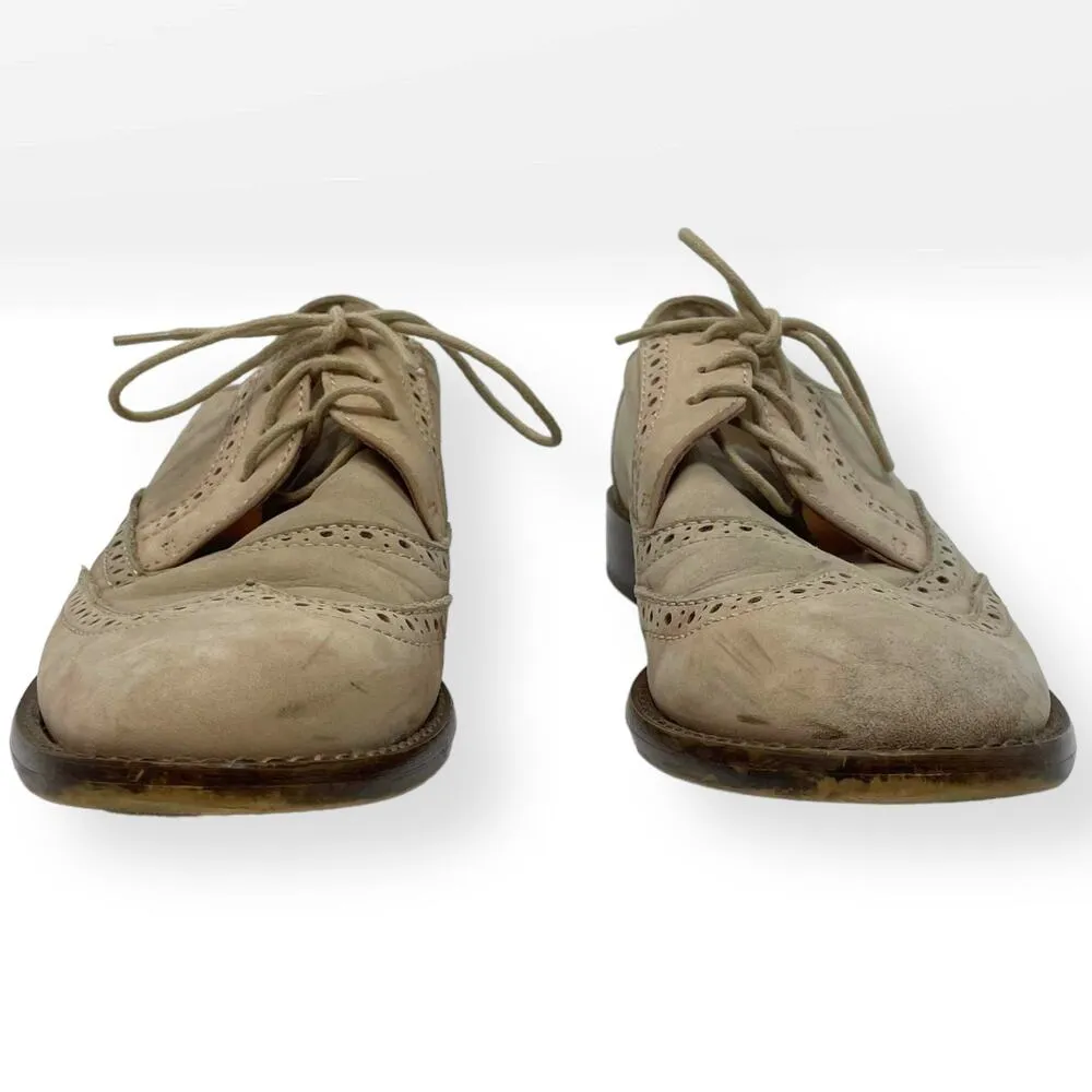 Vintage Beige Warm Taupe Leather Lace Up Oxford Short Heel Shoes White Size 7 - Image 6