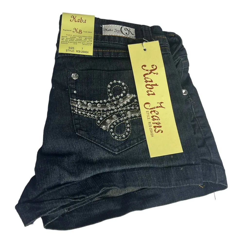 NEW Kaba JEAN SHORTS SZ 7 Dark Blue Denim Stone Stud Bedazzled Double Lasso NWT - Image 10