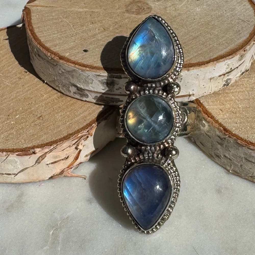 Elegant Silver and Triple Blue Moonstone Ring - Image 2
