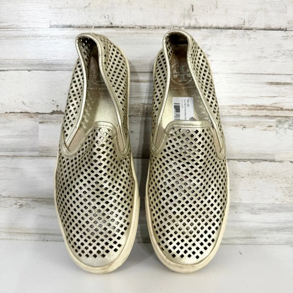 Tory Burch Women Jesse Gold Metallic Leather Perforated Slip On Sneaker Size 8.5 - Image 3