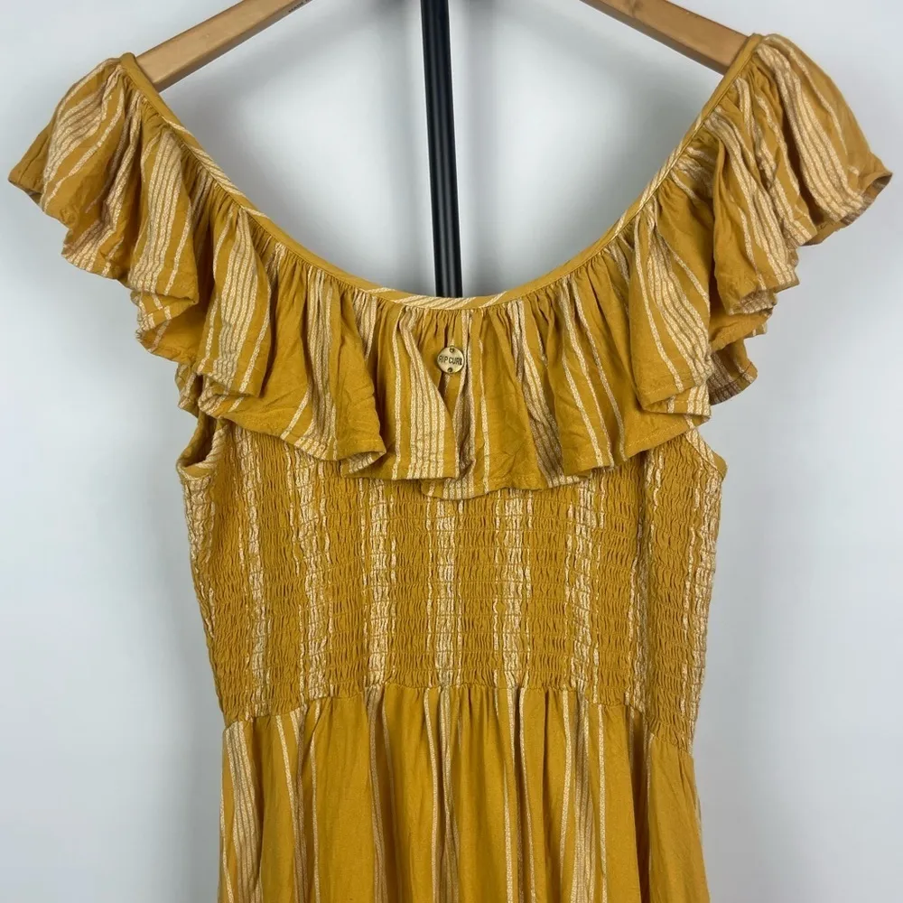 Rip Curl Mustard Yellow Fiesta Stripe Smocked Bodice Ruffle Sleeve Dress‎ - Image 9