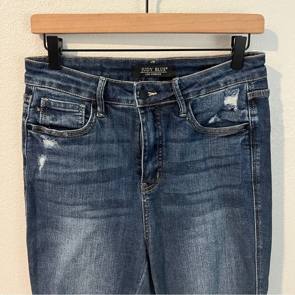 Judy Stretch Medium Wash Blue Ripped‎ Distressed Denim Flare Jeans Size 9 / 29 - Image 3