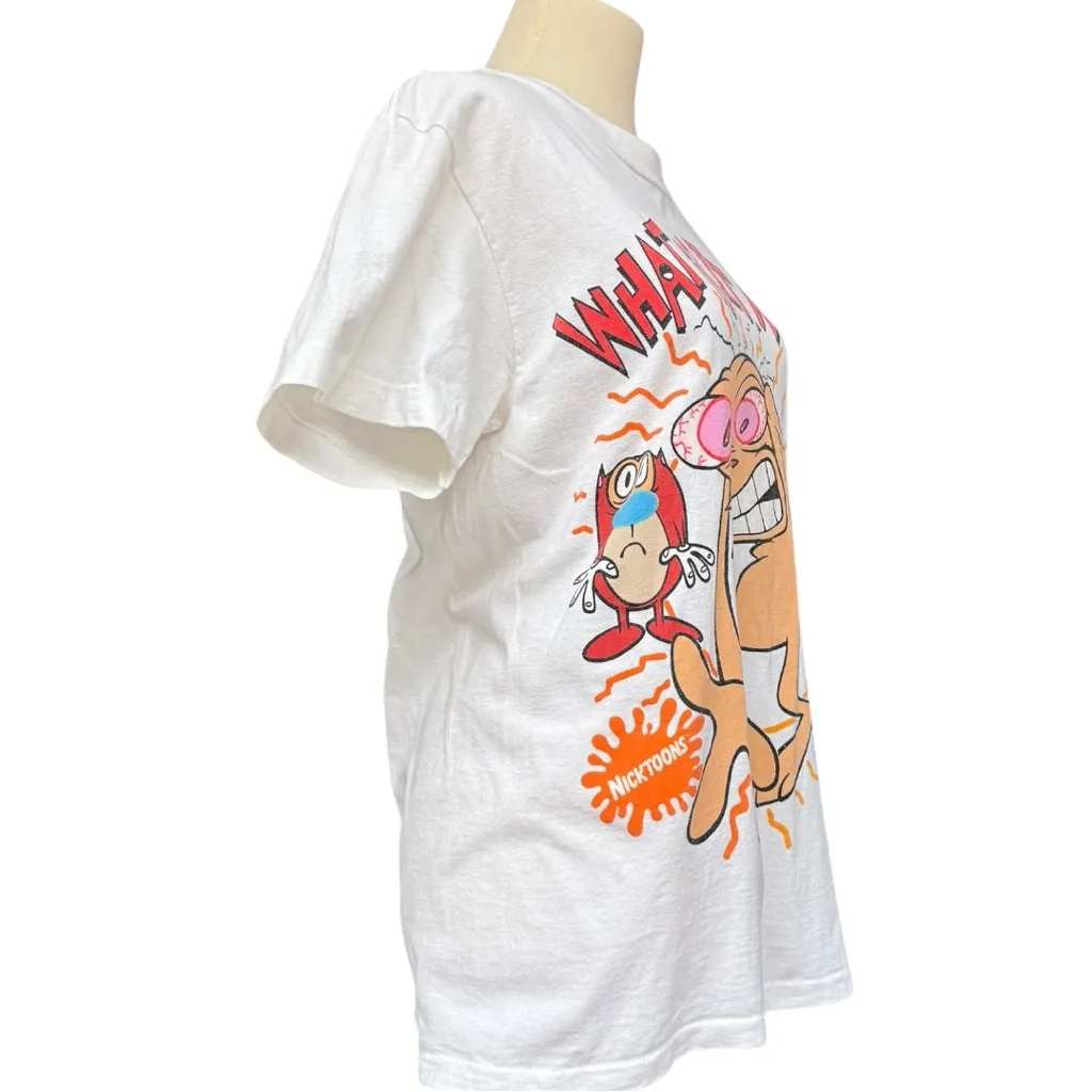 Vintage 90s Ren & Stimpy “What Is It Man?” Graphic T-Shirt White Medium EUC - Image 6