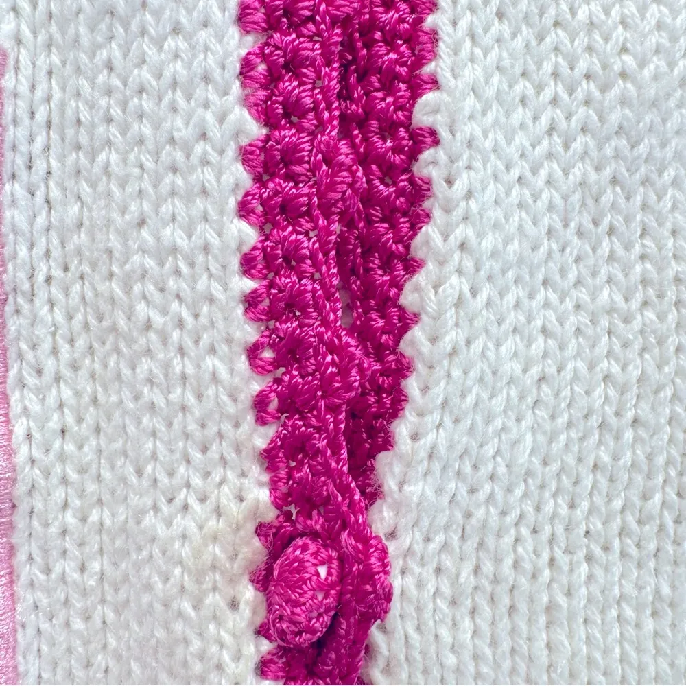 Vintage Patchwork Bunnies Rabbits Cardigan Sweater Button Front Crocheted Lace Pink Size 1X - Image 7