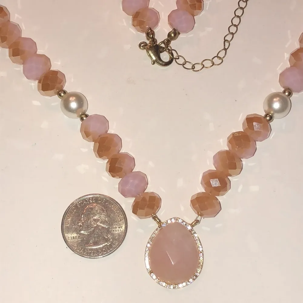 Pink Rose Quartz AB Ombre Opaque Beaded Boho CZ Rhinestone Pendant Necklace - Image 4