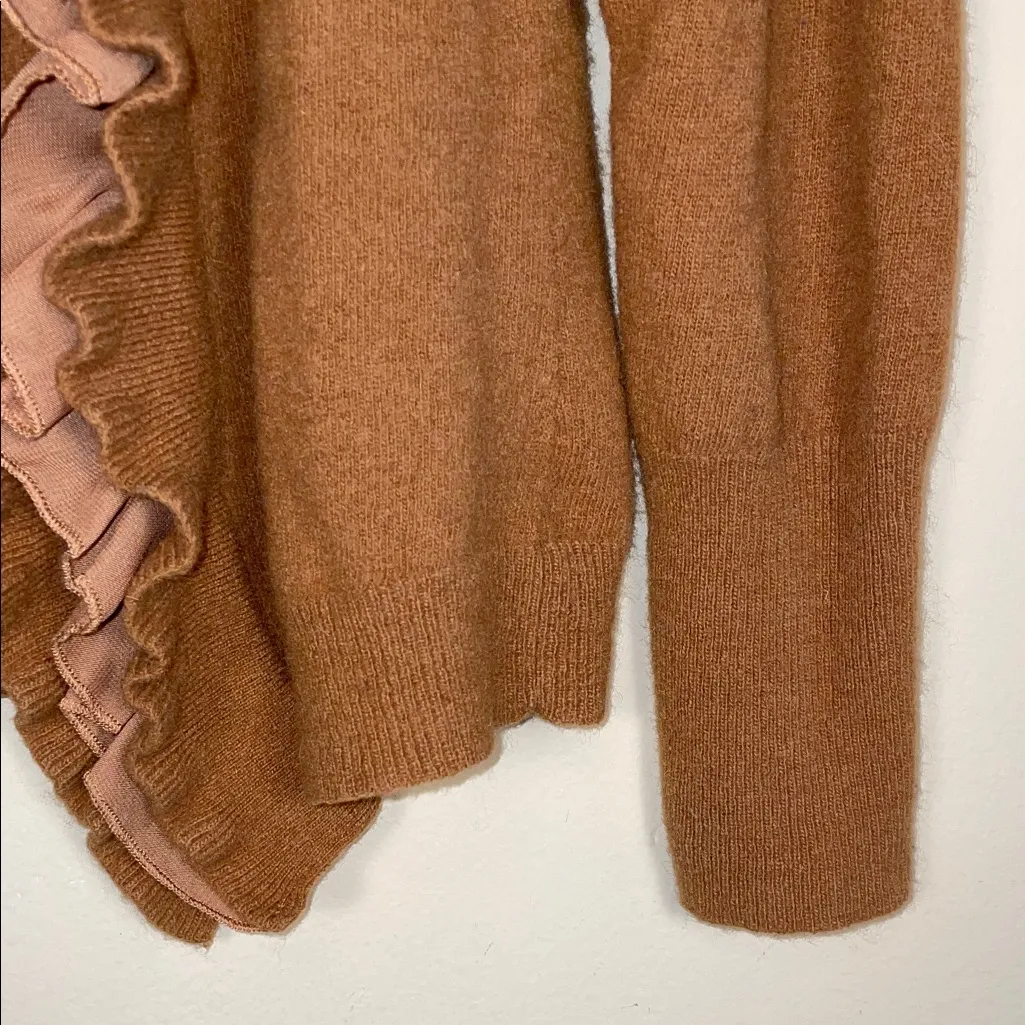 VTG Sarah Spencer Women’s Lambs Wool Angora Rabbit Hair Blend Ruffled Cardigan Brown Size M - Image 4