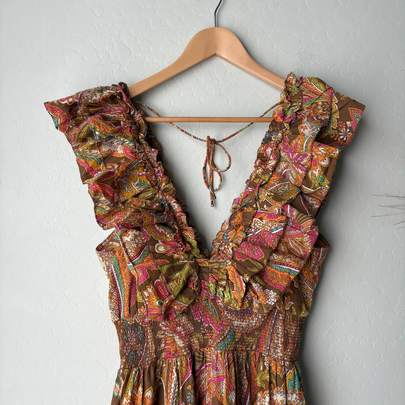 Love‎ The Label Dress Tiered Ruffle Cotton Topanga Maxi Dress Coral Print Size M Brown Size M - Image 3