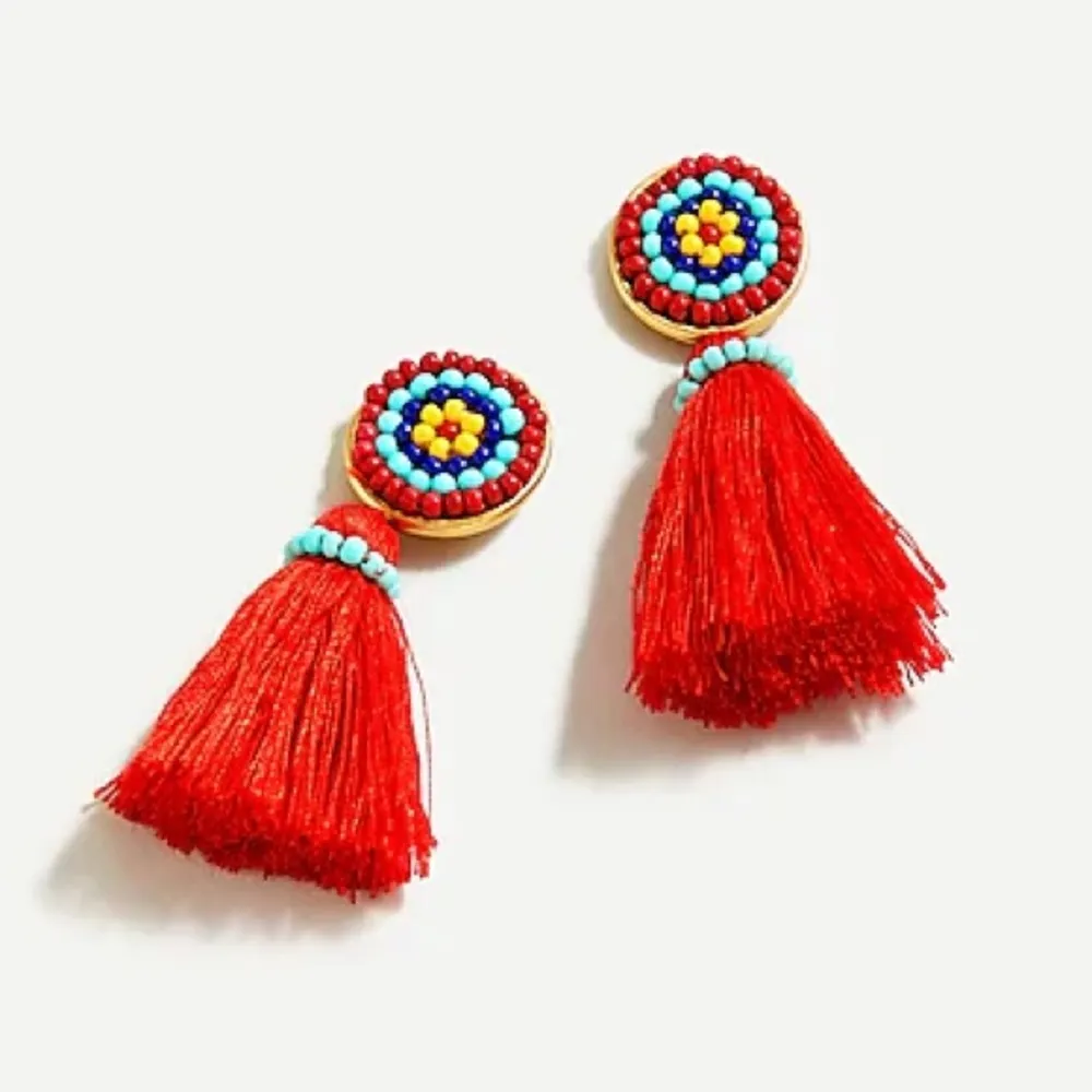 J. Crew Beaded Tassel Stud Earrings Authentic Red NEW - Image 7